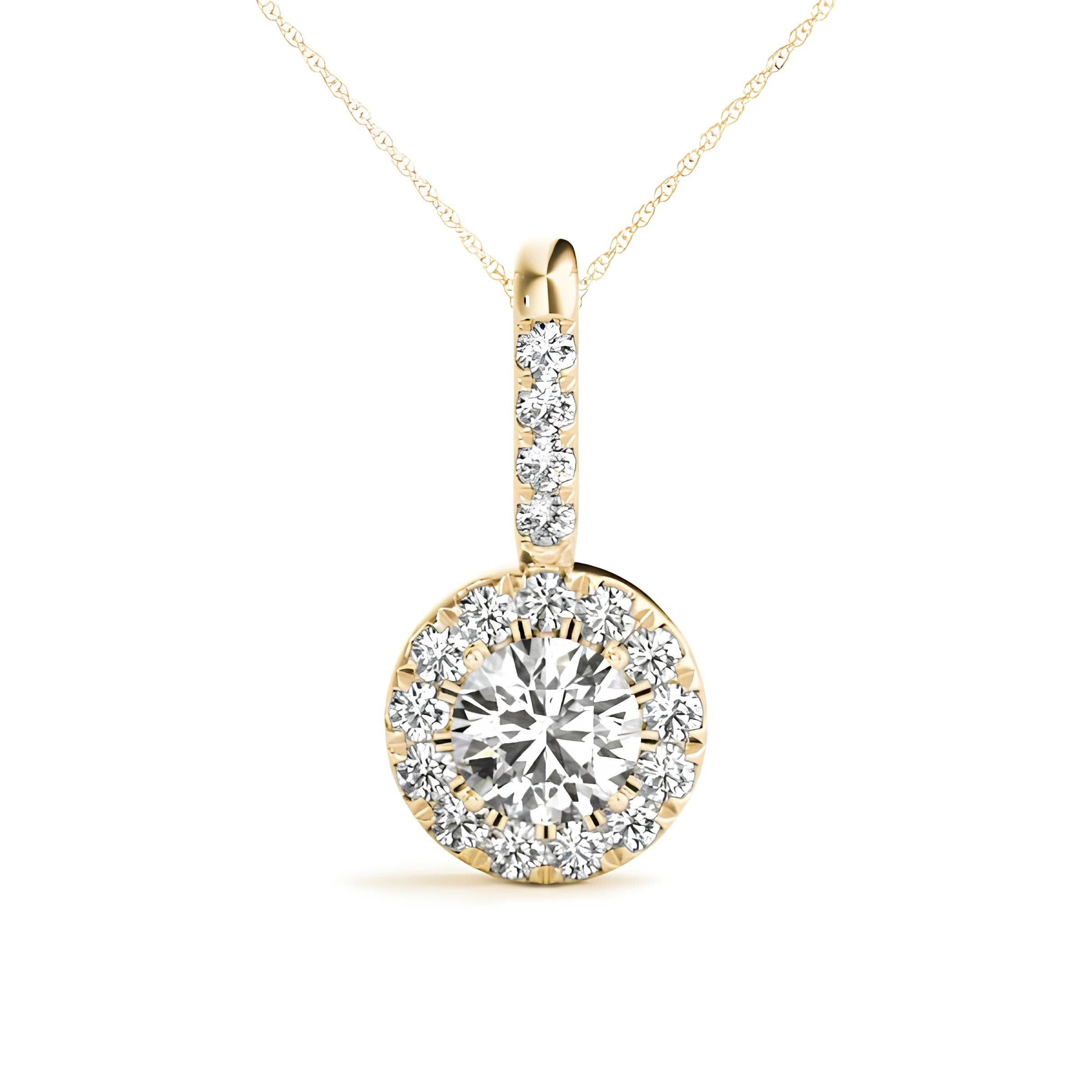 1.00 Carat EF VS/SI Lab Grown Round Diamond Halo Pendant Necklace IGI Certified Diamond in 14K Gold